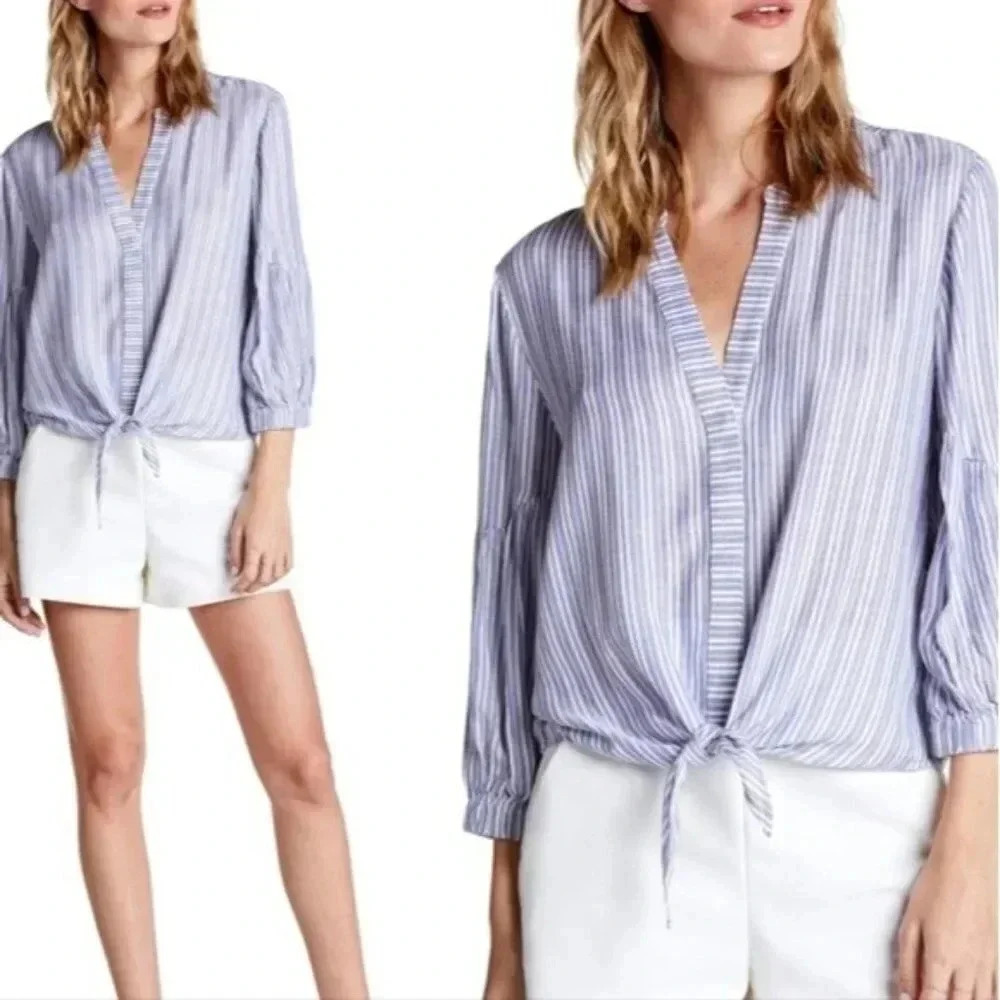 Michael Stars Kendra tie front balloon sleeve shirt blue white small